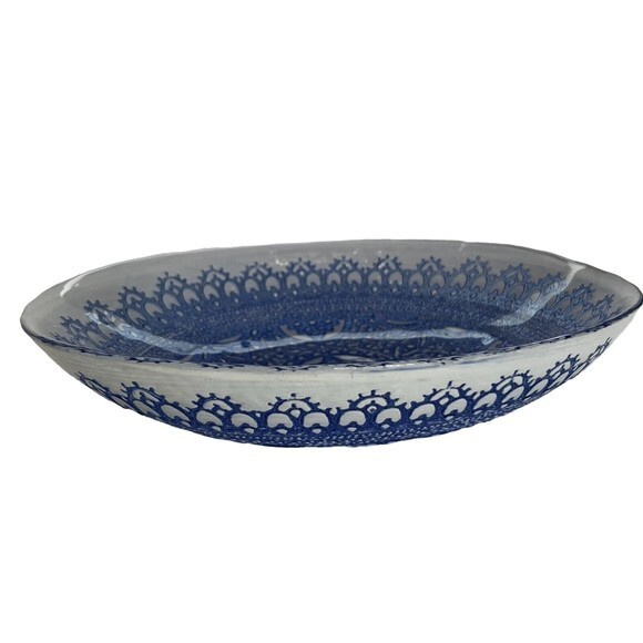 Sapphire Blue Hand Painted Glass Raised Relief Oval Bowl - Picture 3 of 8